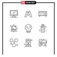 Mobile Interface Outline Set of 9 Pictograms of dangerous biochemistry crypto currency sound alarm Editable Vector Design Elements