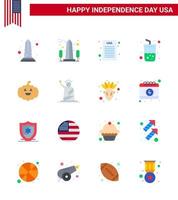 Pack of 16 creative USA Independence Day related Flats of of landmarks glass usa pumkin Editable USA Day Vector Design Elements