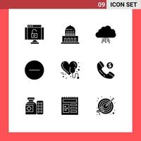 Solid Glyph Pack of 9 Universal Symbols of care media player cloud media network Editable Vector Design Elements