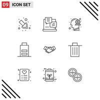 Group of 9 Modern Outlines Set for agreement user head low battery Editable Vector Design Elements