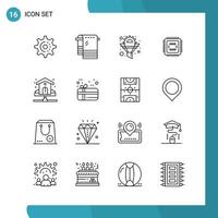 Vector Pack of 16 Outline Symbols Line Style Icon Set on White Background for Web and Mobile