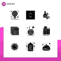 paquete de conjunto de iconos de glifo de 9 iconos sólidos aislados en fondo blanco para aplicaciones móviles y de impresión de diseño de sitios web receptivos vector