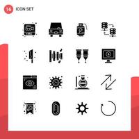 Set of 16 Vector Solid Glyphs on Grid for blood server rack vehicles server hosting charg Editable Vector Design Elements