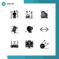 Pack of 9 creative Solid Glyphs of head trolley building shopping sale Editable Vector Design Elements