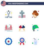 Set of 9 Modern Flats pack on USA Independence Day ice tourism usa landmark gate Editable USA Day Vector Design Elements