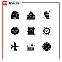 Pictogram Set of 9 Simple Solid Glyphs of tape reel goal movie success Editable Vector Design Elements