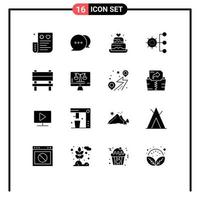 Set of 16 Vector Solid Glyphs on Grid for bench management cake corporate company Editable Vector Design Elements