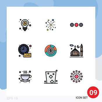 9 User Interface Filledline Flat Color Pack of modern Signs and Symbols of budget diagram chating live update clock Editable Vector Design Elements