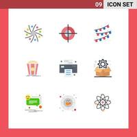 Pictogram Set of 9 Simple Flat Colors of print snack target movie popcorn Editable Vector Design Elements