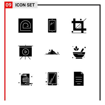 conjunto de 9 paquetes de glifos sólidos comerciales para placa de video diseño de programación android elementos de diseño vectorial editables vector