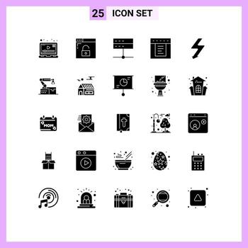 grupo de símbolos de iconos universales de 25 glifos sólidos modernos de pestañas de administración web flash que señalan elementos de diseño de vectores editables
