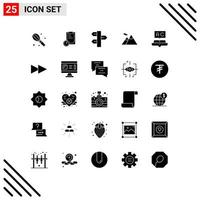 Set of 25 Vector Solid Glyphs on Grid for learning book holiday mountains camping Editable Vector Design Elements