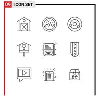 Group of 9 Outlines Signs and Symbols for member spring atom house bird Editable Vector Design Elements