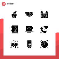Set of 9 Vector Solid Glyphs on Grid for finance coffee cathedral business office Editable Vector Design Elements