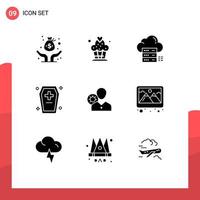 Group of 9 Modern Solid Glyphs Set for work halloween casket online dreadful casket Editable Vector Design Elements