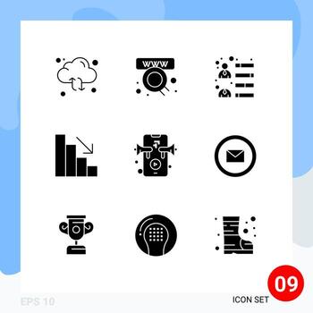 Set of 9 Commercial Solid Glyphs pack for speaker fall web descent team skills Editable Vector Design Elements