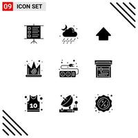 Pack of 9 Modern Solid Glyphs Signs and Symbols for Web Print Media such as cable plug up electric gras Editable Vector Design Elements