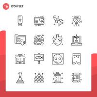 Pack of 16 Universal Outline Icons for Print Media on White Background vector