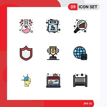Group of 9 Filledline Flat Colors Signs and Symbols for progress shield order protection search stats Editable Vector Design Elements