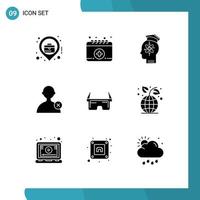 Pack of 9 Modern Solid Glyphs Signs and Symbols for Web Print Media such as medical virtual head user delete Editable Vector Design Elements