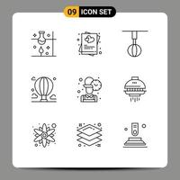 Pack of 9 Modern Outlines Signs and Symbols for Web Print Media such as cloud adventure marry whisk home ware Editable Vector Design Elements