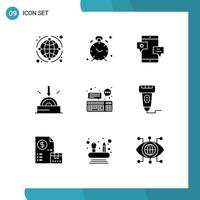 Pack of 9 Modern Solid Glyphs Signs and Symbols for Web Print Media such as software business reminder promotion media Editable Vector Design Elements