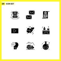 Universal Icon Symbols Group of 9 Modern Solid Glyphs of love player envelope video youtube Editable Vector Design Elements