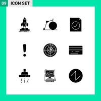 9 User Interface Solid Glyph Pack of modern Signs and Symbols of radar sign wheel warning alert Editable Vector Design Elements