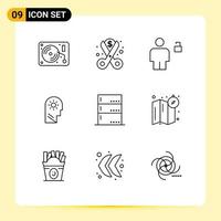 9 User Interface Outline Pack of modern Signs and Symbols of setting control spending brain padlock Editable Vector Design Elements