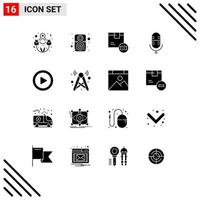 Group of 16 Modern Solid Glyphs Set for video media code microphone live Editable Vector Design Elements