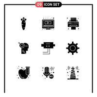 Set of 9 Vector Solid Glyphs on Grid for security cam office target focus Editable Vector Design Elements