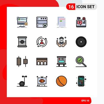 Paquete de 16 líneas llenas de color plano de la interfaz de usuario de signos y símbolos modernos de tutorial blog gaceta registro periódico elementos de diseño de vectores creativos editables