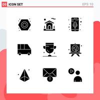 Modern Set of 9 Solid Glyphs Pictograph of award passenger van mobile app minibus delivery van Editable Vector Design Elements