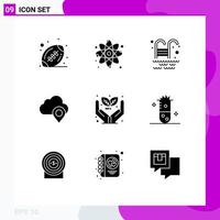 Universal Icon Symbols Group of 9 Modern Solid Glyphs of plant eco water growth pin Editable Vector Design Elements