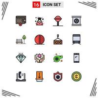 Set of 16 Vector Flat Color Filled Lines on Grid for chair special candy photographic objective optical lens Editable Creative Vector Design Elements