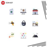 Mobile Interface Flat Color Set of 9 Pictograms of lock construction building gun spray Editable Vector Design Elements