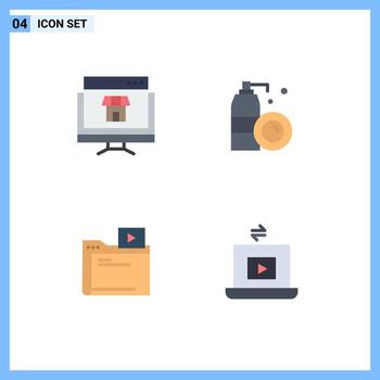Set of 4 Modern UI Icons Symbols Signs for computer folder online bottle video Editable Vector Design Elements