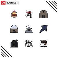 Mobile Interface Filledline Flat Color Set of 9 Pictograms of right water storm fountain mosque Editable Vector Design Elements