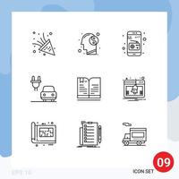 Pack of 9 creative Outlines of web education media book electric Editable Vector Design Elements