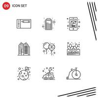 Mobile Interface Outline Set of 9 Pictograms of india decoration learning balloon estate Editable Vector Design Elements