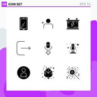 Mobile Interface Solid Glyph Set of 9 Pictograms of mic microphone acumulator ui logout Editable Vector Design Elements