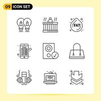 9 iconos creativos para el diseño moderno de sitios web y aplicaciones móviles receptivas 9 símbolos de contorno signos sobre fondo blanco paquete de 9 iconos vector