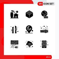 paquete de 9 signos y símbolos de glifos sólidos modernos para medios de impresión web como elementos de diseño de vectores editables de sauna musulmana de globo religioso de presentación