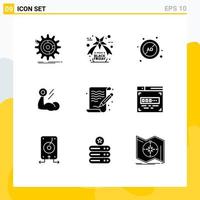 Editable Vector Line Pack of 9 Simple Solid Glyphs of workout growth ad bodybuilding protection Editable Vector Design Elements
