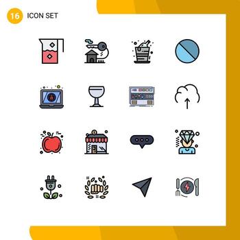 16 Thematic Vector Flat Color Filled Lines and Editable Symbols of bug no key forbidden party Editable Creative Vector Design Elements