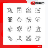 conjunto creativo de 16 iconos de contorno universal aislado sobre fondo blanco vector