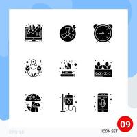 Pack of 9 creative Solid Glyphs of bonfire lovely day clock happy watch Editable Vector Design Elements