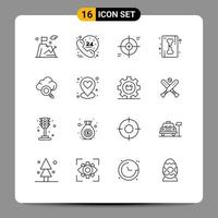 Pack of 16 Modern Outlines Signs and Symbols for Web Print Media such as cloud ray crosshair line target Editable Vector Design Elements