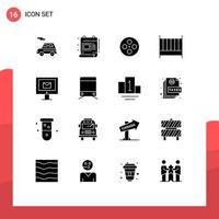 Group of 16 Solid Glyphs Signs and Symbols for mail interior cinema furniture bed Editable Vector Design Elements