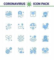 icono de consejos de precaución de coronavirus para la presentación de pautas de atención médica 16 paquete de iconos azules como el experimento de virus de manos proteger los elementos de diseño de vector de enfermedad de coronavirus viral de gas 2019nov